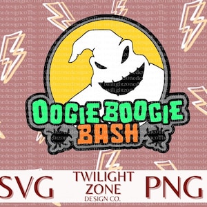 May include: A green, orange, and black graphic design with the text "Oogie Boogie Bash" and a cartoon ghost with a yellow background. The design is surrounded by a pink background with white lightning bolts.