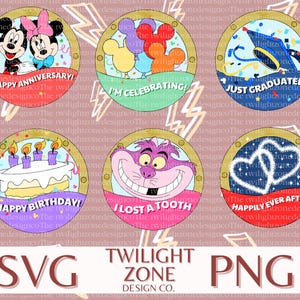 May include: A collection of six circular digital designs with various themes. The designs feature cartoon characters and text such as "Happy Anniversary!", "I'm Celebrating!", and "Just Graduated!" in a gold frame.