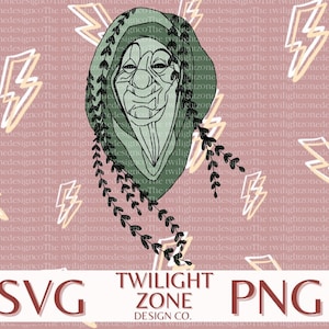 May include: A green and black digital illustration of a witch with a mischievous grin, wearing a hooded cloak with vines. The background is a pink pattern of yellow lightning bolts. The text "TWILIGHT ZONE DESIGN CO." is at the bottom of the image.