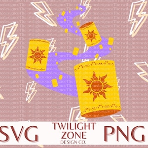 May include: A digital design featuring three yellow lanterns with a sun design on them. The lanterns are floating upwards against a purple and white background with lightning bolts.