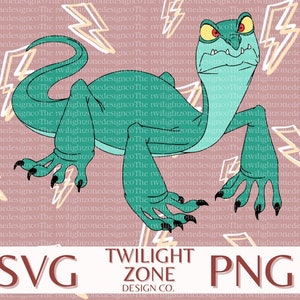 May include: A green and blue cartoon lizard with red eyes and sharp teeth. The lizard is facing forward with its mouth open and its tongue sticking out. The background is a pink and white pattern of lightning bolts.