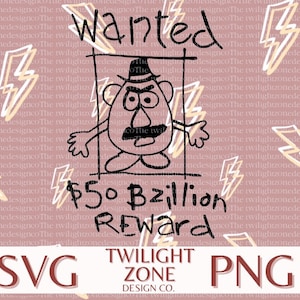 May include: A black and white line drawing of Mr. Potato Head wearing a sheriff's hat, with the text "Wanted" above him and "£50 Bzillion Reward" below him. The background is a pink and yellow lightning bolt pattern.