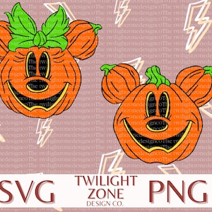 May include: Orange pumpkin jack-o'-lantern with a Mickey Mouse face and green leaves on top. The pumpkin has a wide smile and black eyes. The background is a light pink with white lightning bolts.