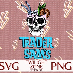 May include: A digital illustration of a skull with a cocktail glass on top. The skull is wearing a blue and white hat that says "TRADER SAM'S". The background is a pink pattern of lightning bolts.