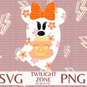 May include: A white ghost with a floral pattern and a red bow holding a pumpkin with a smiling face. The background is a light pink with a repeating pattern of lightning bolts.