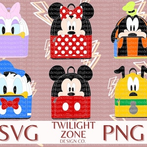 May include: Five different character-themed backpacks. The backpacks are all in different colors and feature different characters from Disney. The characters include Mickey Mouse, Minnie Mouse, Donald Duck, Goofy, and Pluto.