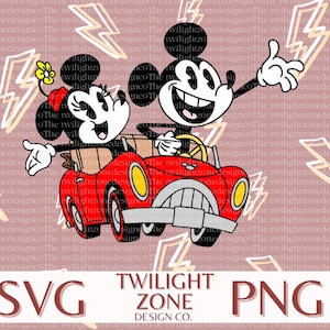 May include: Mickey Mouse and Minnie Mouse in a red car with yellow wheels. Mickey is driving and Minnie is in the passenger seat. The background is a pink and white pattern of lightning bolts.