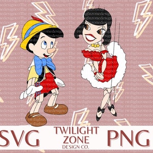 May include: A digital illustration featuring Pinocchio and a female puppet. Pinocchio wears a yellow hat, blue bow tie, and red vest. The female puppet is in a red dress with white trim. The image includes the text "SVG" and "PNG".