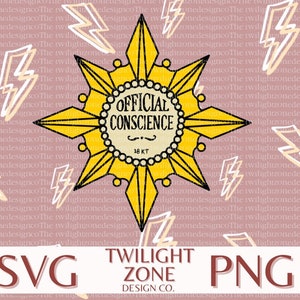 May include: A yellow starburst with a circle in the center that says "OFFICIAL CONSCIENCE" with a small mustache and "18 KT" underneath. The background is a pink color with white lightning bolts.