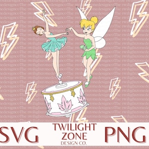 May include: A digital illustration featuring a ballerina and a fairy on a decorative drum. The ballerina wears a teal tutu and the fairy is in a green dress. The background is a pinkish-brown color with lightning bolt graphics.