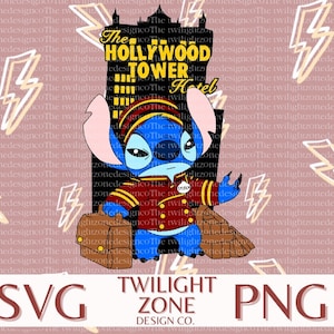 May include: A blue Stitch character dressed as a hotel bellhop, holding two suitcases. The character is standing in front of a building with the text "The Hollywood Tower Hotel".