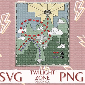 May include: A digital graphic featuring a stylized map with mountains, clouds, and a sun. The design includes red, purple, and white elements, with the text "TWILIGHT ZONE DESIGN CO." and "SVG PNG".
