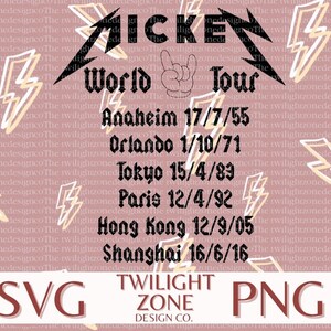 May include: Black and white graphic design with the text "MICKEN World Tour" and a list of cities and dates. The background is a pink pattern of lightning bolts. The text at the bottom reads "SVG TWILIGHT ZONE DESIGN CO. PNG".