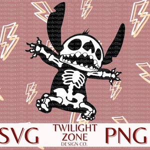 May include: Black and white skeleton design of a cartoon character with a large grin and three fingers on each hand. The character is jumping against a background of yellow lightning bolts on a pink background. The text "TWILIGHT ZONE DESIGN CO." is at the bottom of the image.