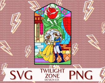 May include: A stained glass style illustration of a prince and princess standing together in a castle window. The princess is wearing a yellow dress and the prince is wearing a blue suit. A red rose is growing in the window.