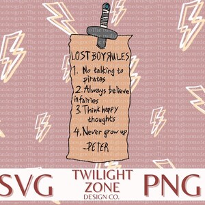 May include: A brown scroll with a sword sticking out of the top. The scroll has the text "LOST BOYSULES" and a list of rules: "1. No talking to pirates", "2. Always believe in fairies", "3. Think happy thoughts", "4. Never grow up -PETER".