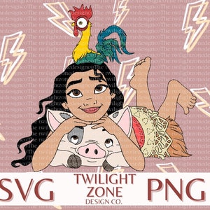 May include: A cartoon illustration of a young woman with long dark hair, wearing a brown and yellow outfit, holding a white pig with a pink snout. A red rooster with a yellow beak and a blue feather is perched on her head. The background is a pink pattern of yellow lightning bolts.