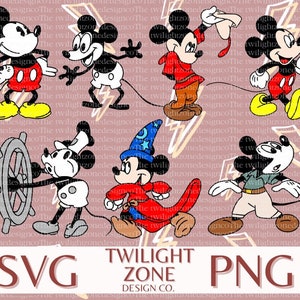 Puede incluir: Un conjunto de diez imágenes de clipart digital que presentan a Mickey Mouse en varias poses y atuendos. Las imágenes son de estilo de dibujos animados y están sobre un fondo rosa con rayos amarillos.