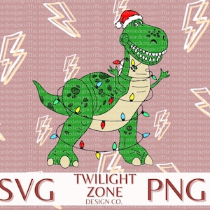 May include: A green dinosaur wearing a Santa hat is wrapped in colorful Christmas lights. The background is a pink pattern of lightning bolts.