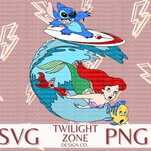 May include: A digital illustration of Ariel from The Little Mermaid riding a wave with Stitch from Lilo & Stitch surfing on a surfboard. The background is a pink and yellow pattern of lightning bolts. The text "SVG TWILIGHT ZONE PNG DESIGN CO." is at the bottom of the image.