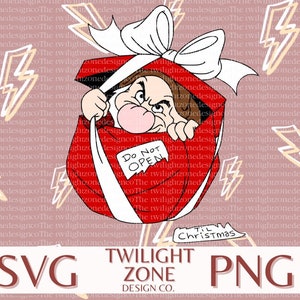 May include: A cartoon illustration of a grumpy-looking character peeking out of a red and white gift box with a white bow. The box has a sign that says "Do Not Open". The background is a pink pattern with lightning bolts. The text "Til Christmas" is below the box.