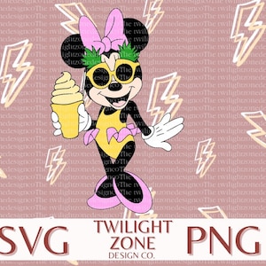 May include: A cartoon illustration of a mouse wearing a yellow swimsuit, pink bow, and sunglasses, holding a yellow ice cream cone. The background is a pink pattern of yellow lightning bolts.