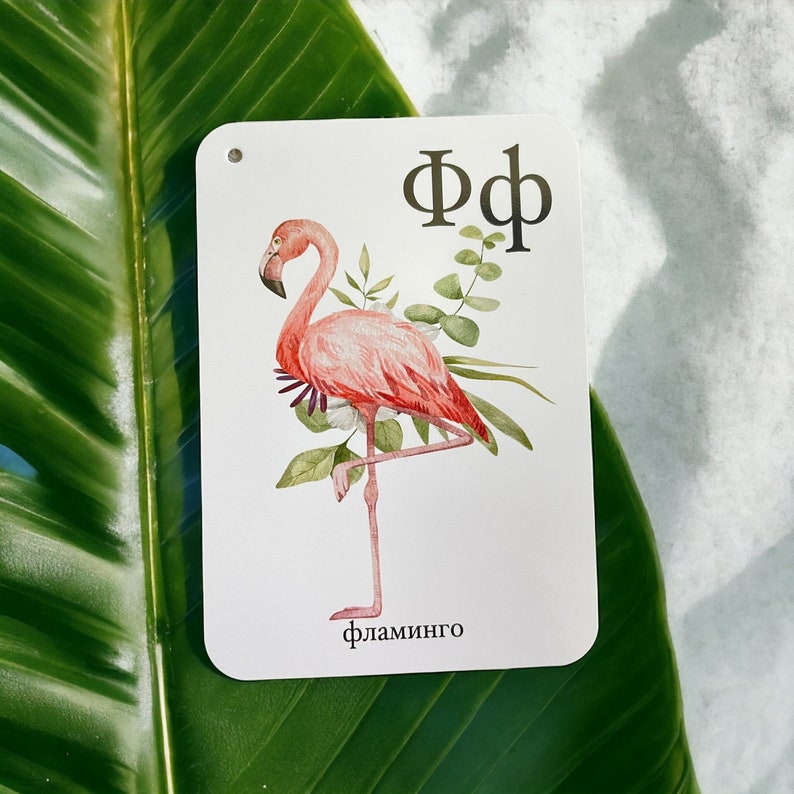 May include: A white card with a pink flamingo illustration and green foliage. The card has the letter "F" written in gold and the word "flamingo" written in black at the bottom.