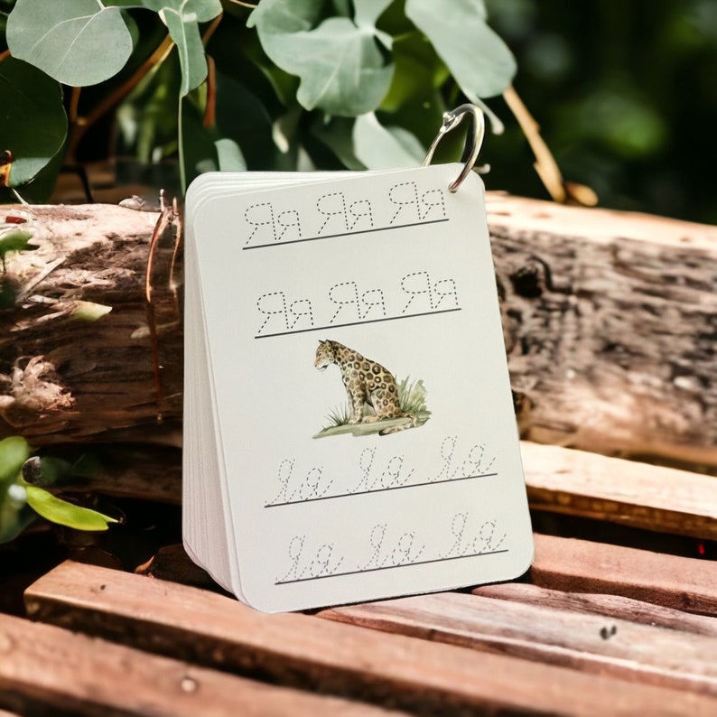 May include: A white card with dotted lines for tracing the letter "R". The card features a small illustration of a jaguar.