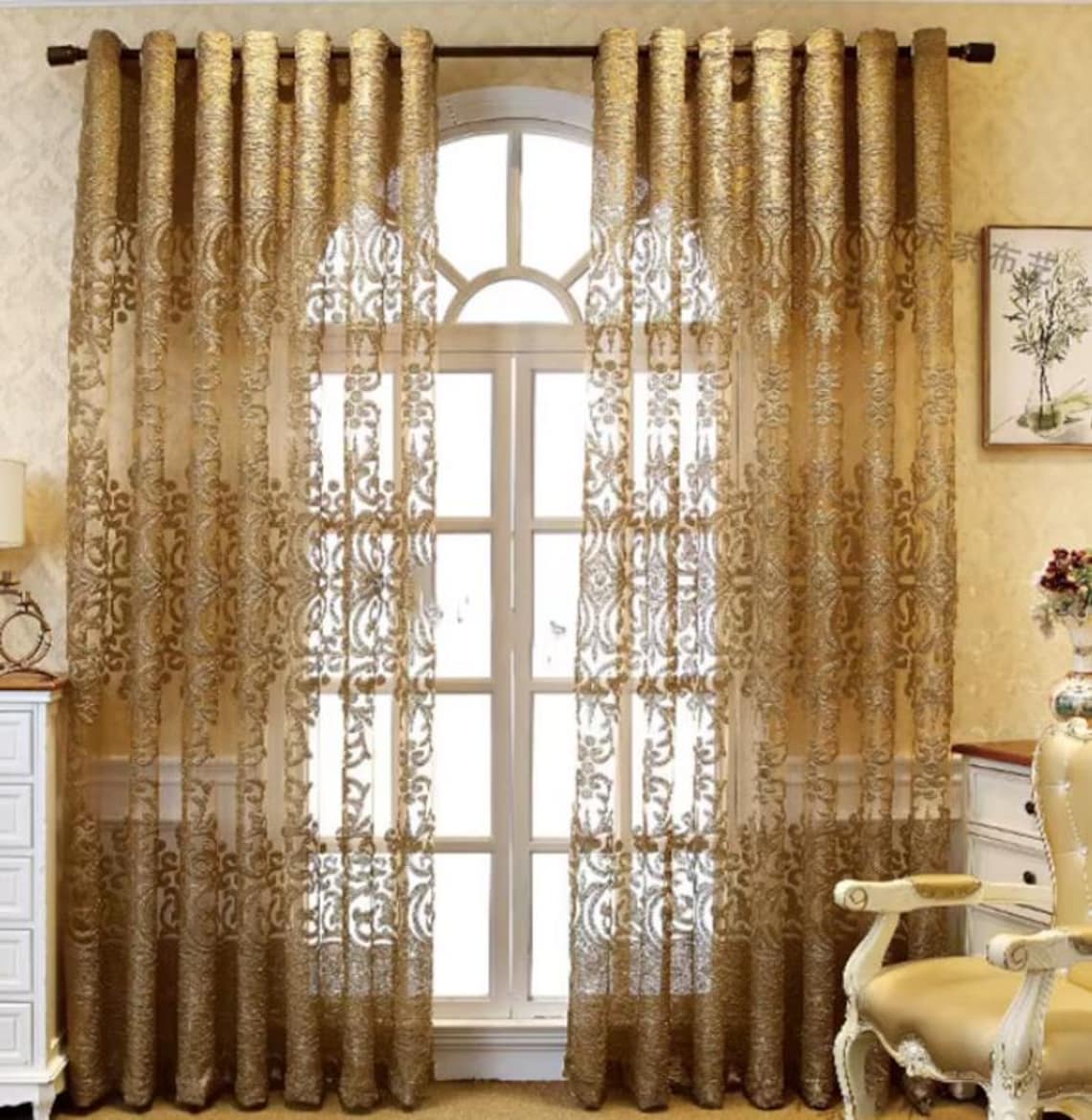 Double Layer Curtain, Gold Sheer With Gold Satin Back Layer, Custom ...