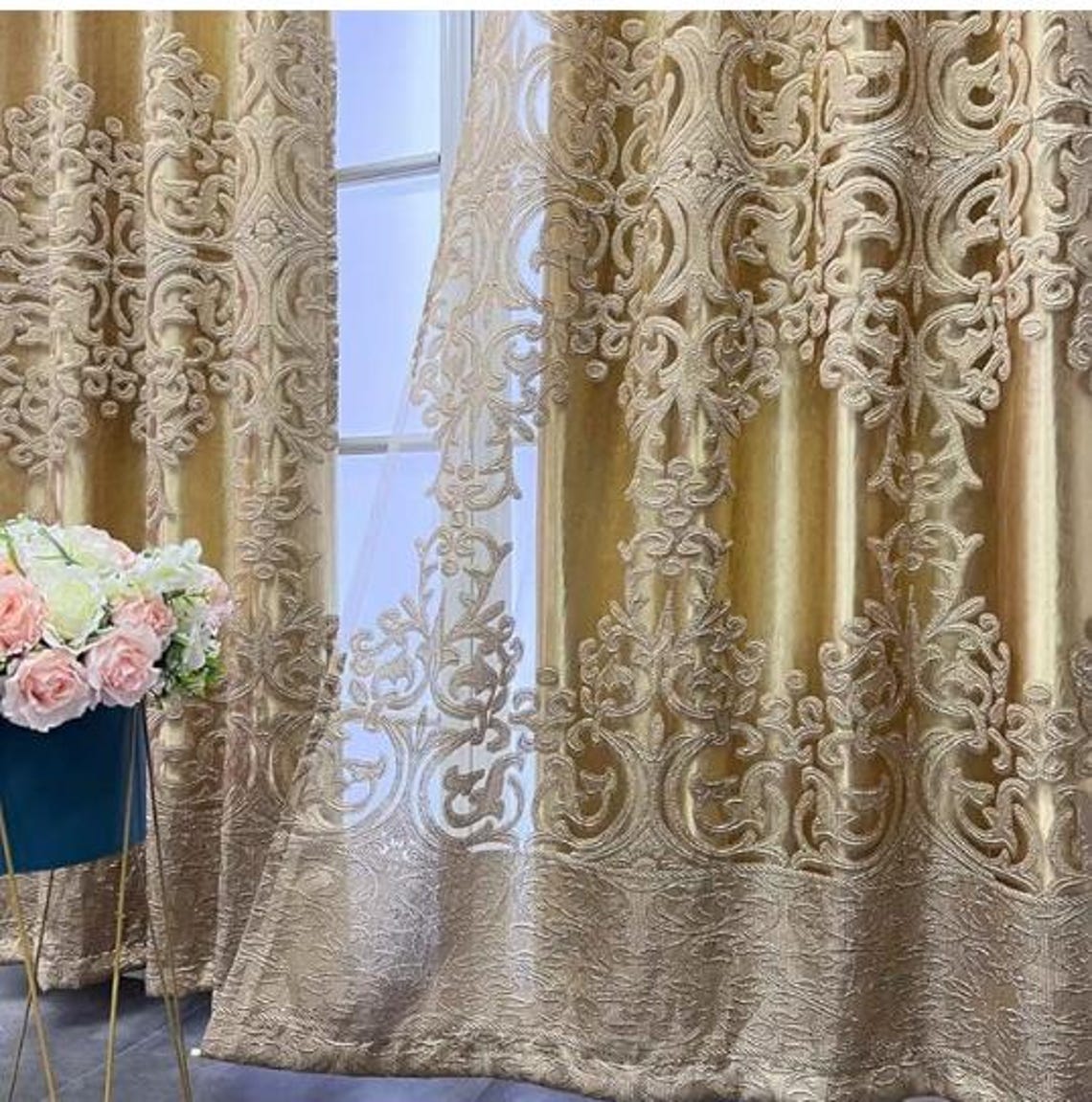 Two Layer Drapery Double Layer Curtain, Gold Sheer With Gold Satin Back Layer, Custom ...