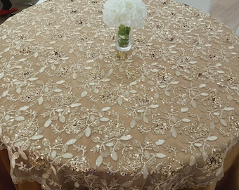 Gold Embroidered Sequin Lace with dusty gold Satin Tablecloth , wedding, hotel and dining room, bridal, baby shower, table cloth.