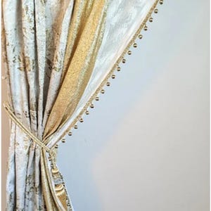 Custom made Cream-Beige curtain with gold splicing , and  side tulle with Gold tassel trim Hand made  drapery for living room