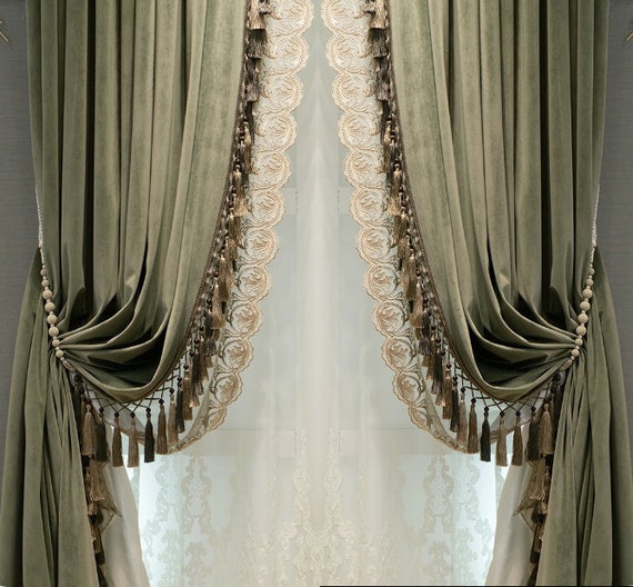 Handmade custom color velvet curtain with trim border for living room, custom size curtains and side tulle