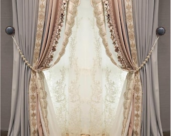 Hand made Luxury High end custom made velvet  curtain Gray-Pink velvet curtain French style for living room, dining room, hotel&#39;s lobby
