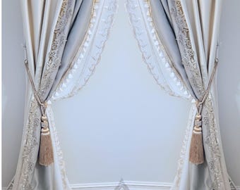 Luxury Custom made curtain and side tulle Elegant Style for living room, Customized size Hand made curtains,  dining room, and bedroom