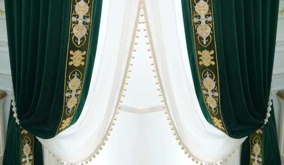 American High-end Velvet Lace Stitching curtain Handmade custom color velvet curtain with trim border, custom size curtains and side tulle