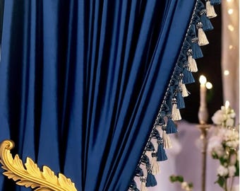 Handgemaakt marineblauw fluwelen gordijn met sierrand voor woonkamer, elegant en weelderig fluwelen gordijn, gordijnen op maat, kleur op maat