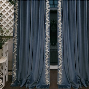 Custom made European Luxury Velvet Curtains for Living Room Bedroom Blackout Embroidery Blue Velvet Elegant Villa Custom, handmade