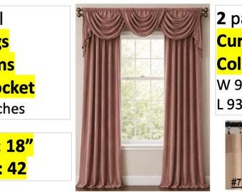 May include: Dusty rose curtain set with a rod pocket, three swags, and two jabots. Text includes: 1 panel, 3 Swags, No trims, Rod pocket, W 91 inches, Swags: 18 inches, Jabots: 42, 2 panels, Curtain Color TBD, W 90 inches, L 93 inches, and #7 Clip.