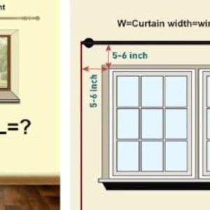 May include: Diagram illustrating curtain length and width measurements. The image shows how to measure for curtains, including the length (L) and width (W). Measurements are provided in inches, with text labels indicating the key points for accurate sizing.