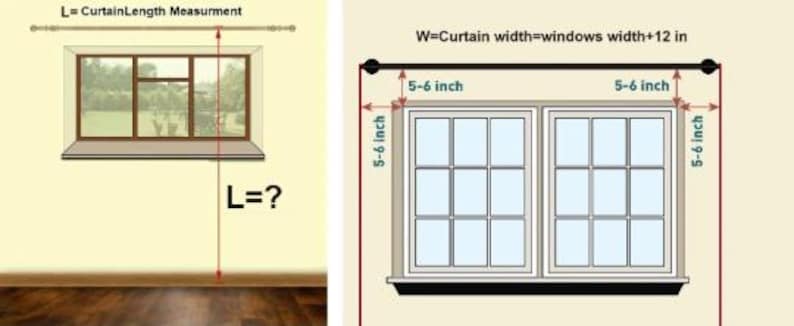 May include: Diagram illustrating curtain length and width measurements. The image shows how to measure for curtains, including the length (L) and width (W). Measurements are provided in inches, with text labels indicating the key points for accurate sizing.