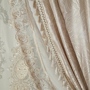 Custom made luxury cream beige curtain with side tulle and tulle High end Style for living room, Hand made, custom colors , custom size