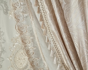 Custom made luxury cream beige curtain with side tulle and tulle High end Style for living room, Hand made, custom colors , custom size