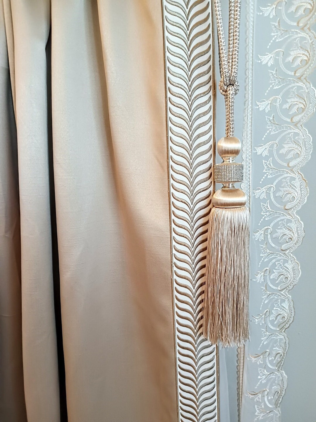 Elegant Custom Made Champange Curtain With Embroidery Side Tulle