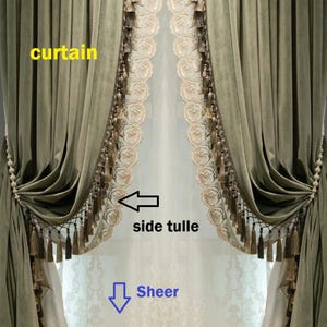 May include: Olive green velvet curtains with decorative tassels and beaded tiebacks. The curtains frame a sheer, light-colored side tulle with an embroidered floral design. The overall style is elegant and classic.
