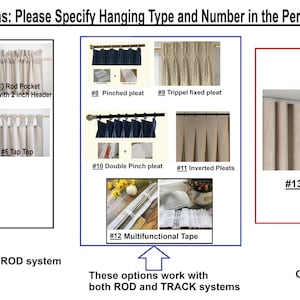 May include: Image showcasing various curtain hanging options, including grommet, rod pocket, back tap, tie tap, tap top, clip, pinched pleat, triple fixed pleat, double pinch pleat, inverted pleats, multifunctional tape, and ripple fold.