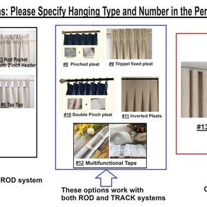 May include: Image showcasing various curtain hanging options, including grommet, rod pocket, back tap, tie tap, and clip styles. Additional options include pinched pleat, triple fixed pleat, and ripple fold. Text indicates the systems each option works with.