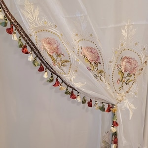 Custom made Rose flower embroidered sheers, Elegant style with tassel trim for living room, dining room and balcony, custom size