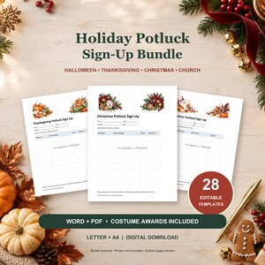 May include: A Holiday Potluck Sign-Up Bundle featuring 28 editable templates for Halloween, Thanksgiving, Christmas, and church events. The documents include tables for contributors, dish categories, and arrival times, with festive seasonal illustrations.