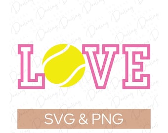 May include: Pink and white graphic design with the word "LOVE" in pink letters with a white outline. A yellow tennis ball is in the centre of the graphic.